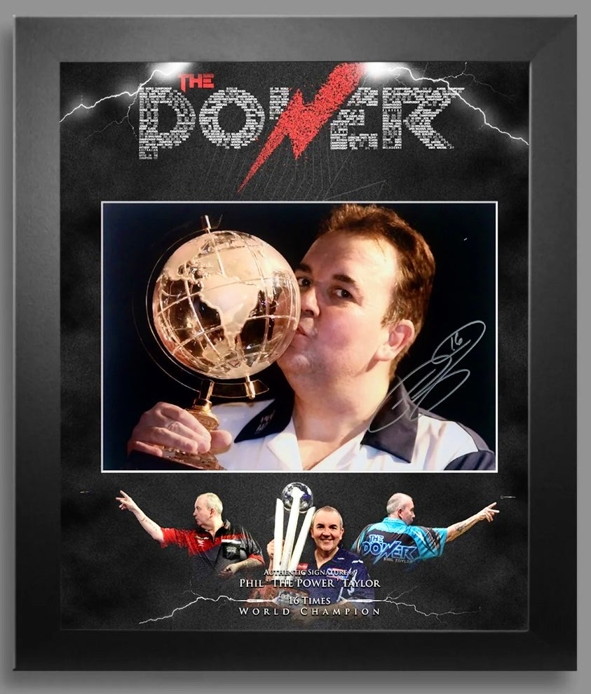 Phil ‘The Power’ Taylor Autographed Darts Photo Montage with Certificate of Authenticity