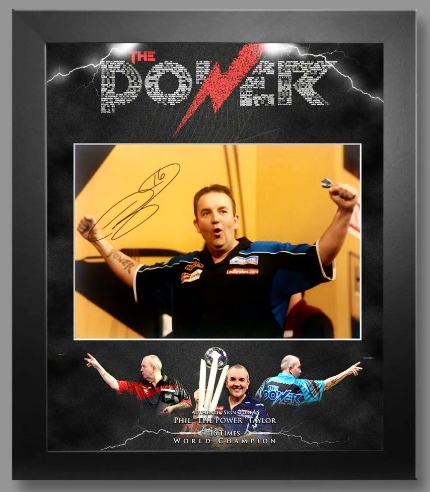 Phil ‘The Power’ Taylor Autographed Darts Photo Montage with Certificate of Authenticity